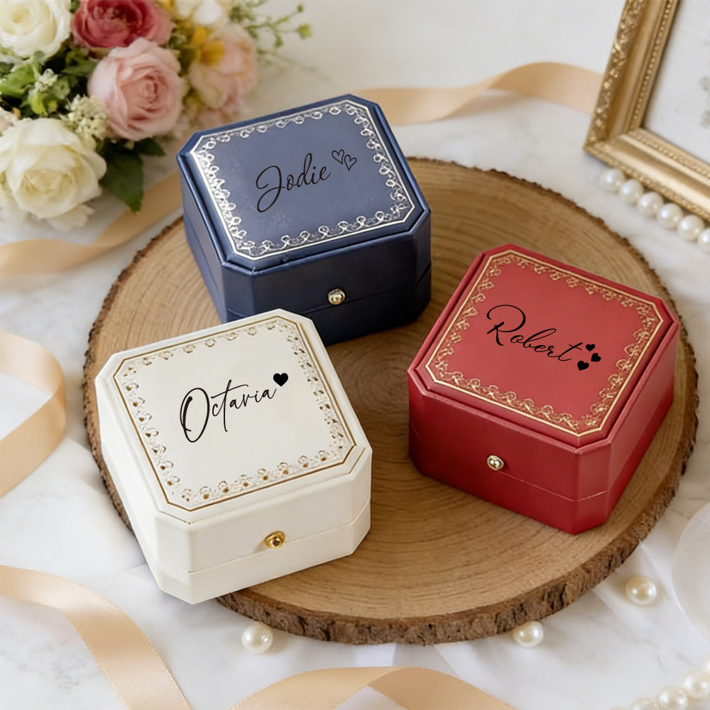 Wedding Packaging - กล่องใส่แหวนหนังเทียมแบบสั่งทำ บุผ้ากำมะหยี่ สำหรับเก็บเครื่องประดับ ของขวัญสุดโรแมนติกสำหรับเจ้าสาว วันวาเลนไทน์ สำหรับเธอ