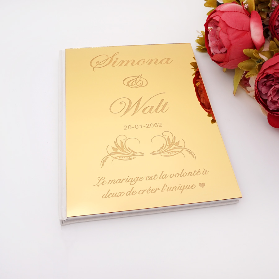 Personalized Guest Book - สมุดอวยพรลายมือชื่อสำหรับงานแต่งงานสุดหรูแบบกระจกอะคริลิคแกะสลักชื่อคู่และวันที่ของขวัญแต่งงานแบบสั่งทำ