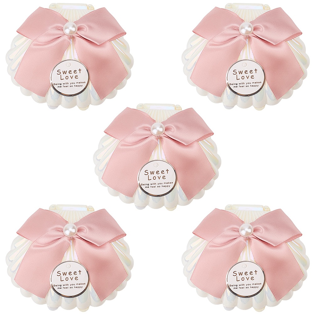 Wedding Packaging - กล่องพลาสติกรูปทรงเปลือกหอย 5 ชิ้น พร้อมโบว์ริบบิ้นสีชมพู ขนาด 7x9
